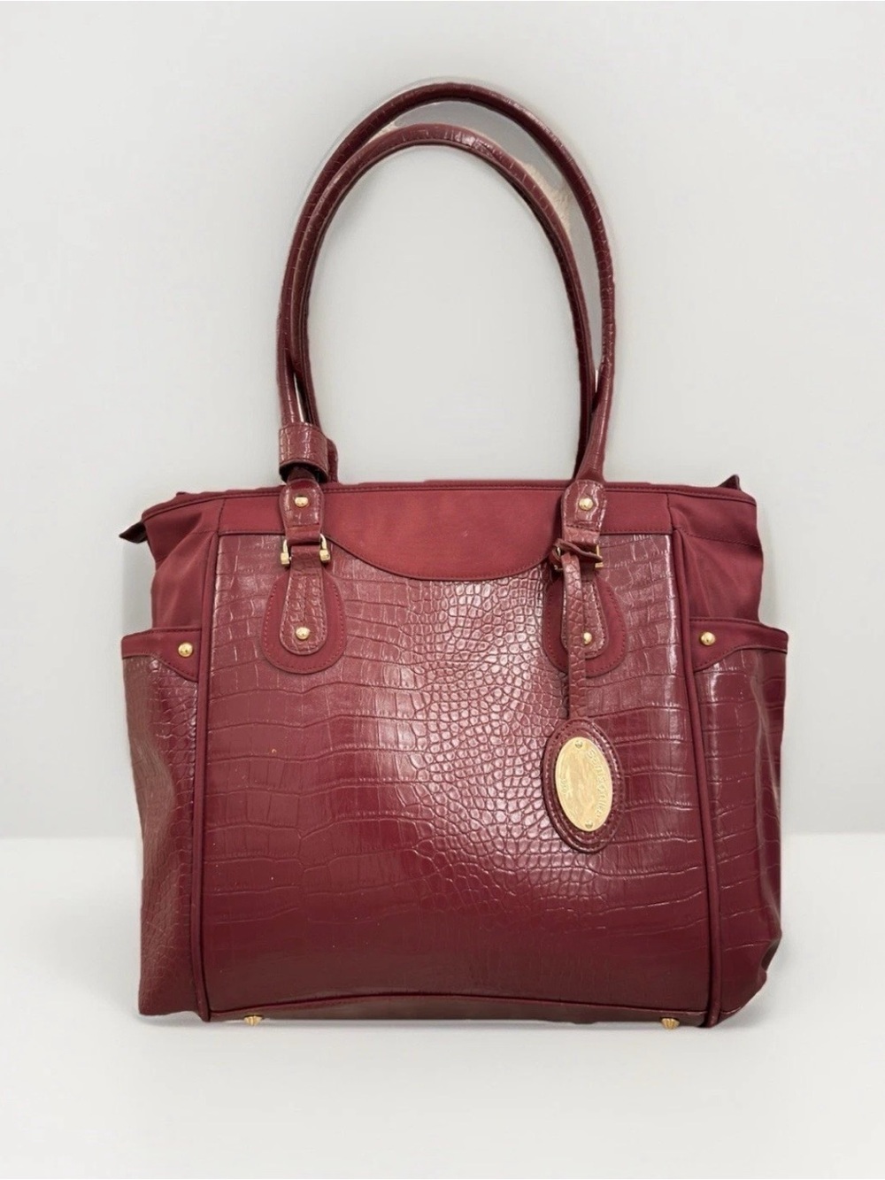 Samsonite Burgundy Croc Embossed Large Zip Tote w/ Pockets, Lined, Charm 16x17